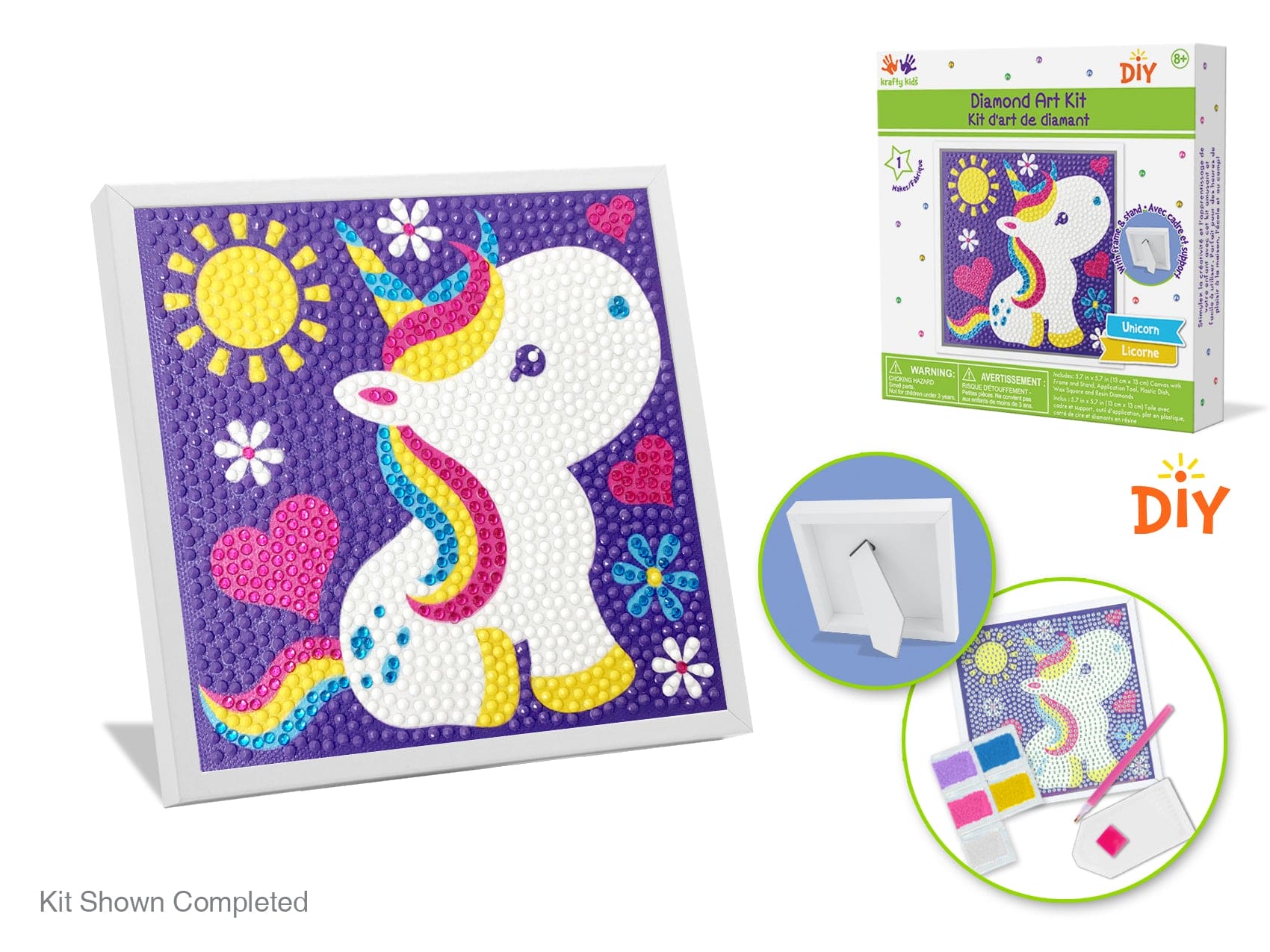 Krafty Kids Kit: 5.7"x5.7" Framed DIY Diamond Painting Canvas Kit w/Stand C) Unicorn - Brantford Surplus