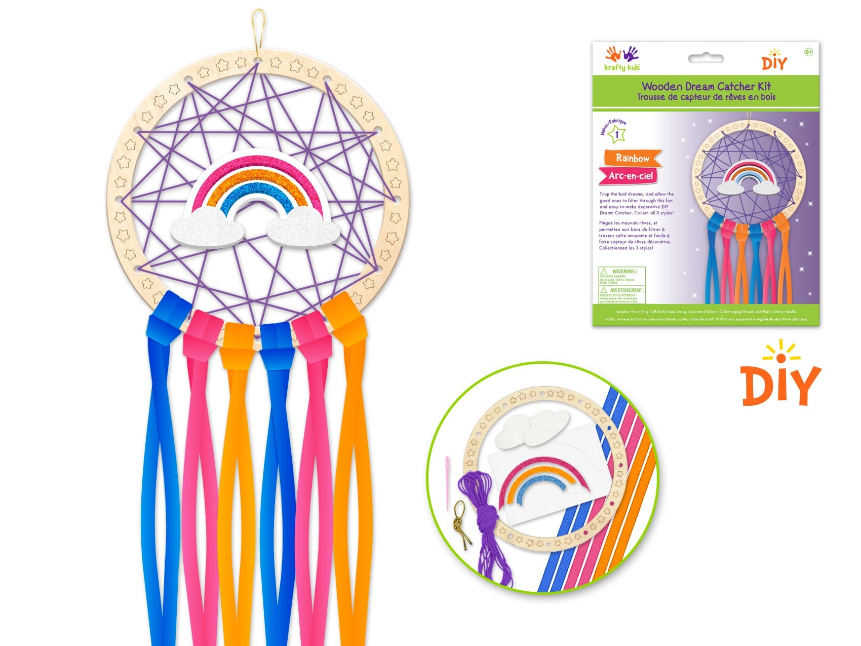 Krafty Kids Kit: DIY Wooden Dream Catcher Kit W/Ribbon Tails A) Rainbow - Brantford Surplus