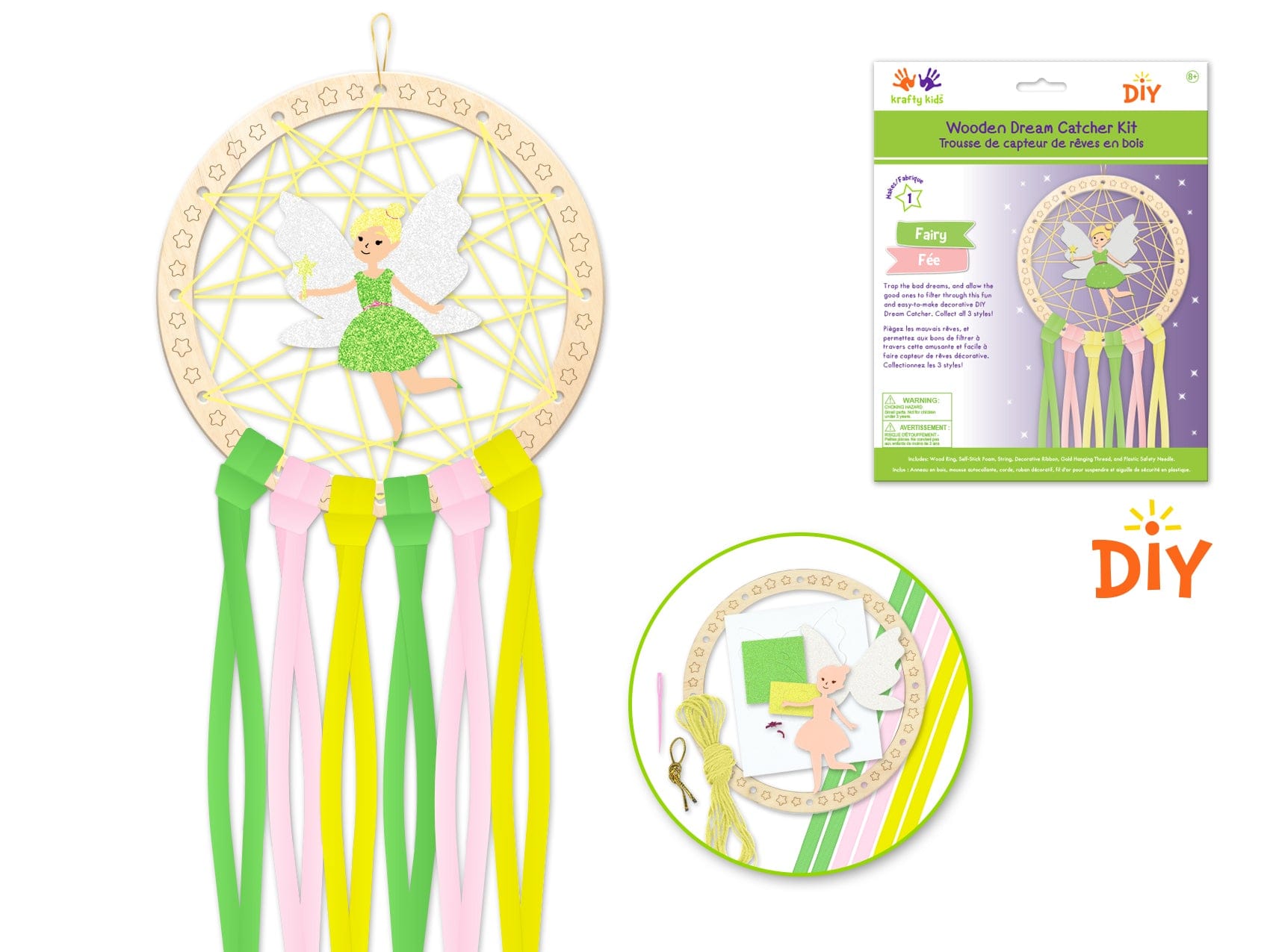 Krafty Kids Kit: DIY Wooden Dream Catcher Kit W/Ribbon Tails B) Fairy - Brantford Surplus