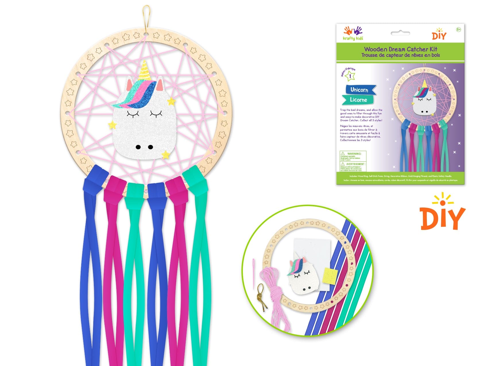 Krafty Kids Kit: DIY Wooden Dream Catcher Kit W/Ribbon Tails C) Unicorn - Brantford Surplus