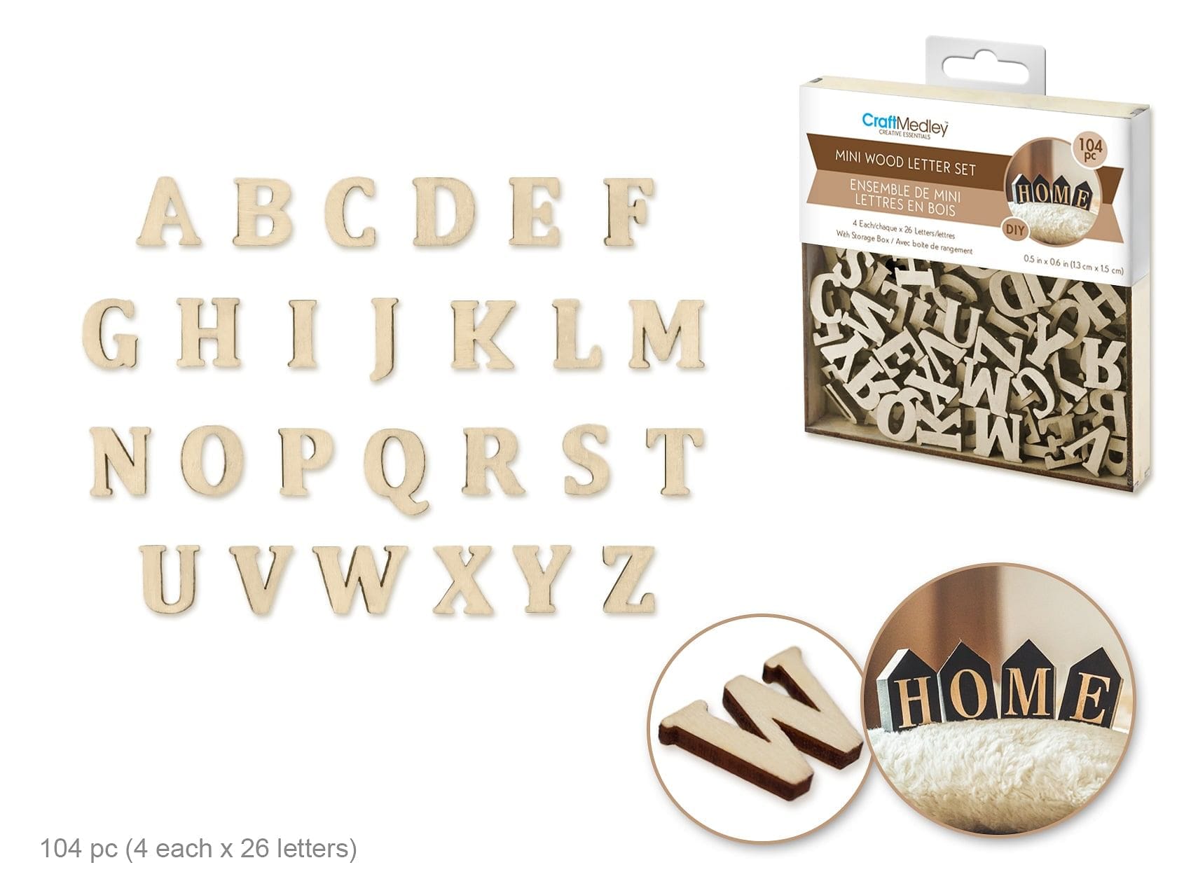 Craftwood: 1.3x1.5cm Mini Letter Box Set 104pc (4ea x 26 Letters) 2mm(T) B) Natural - Brantford Surplus