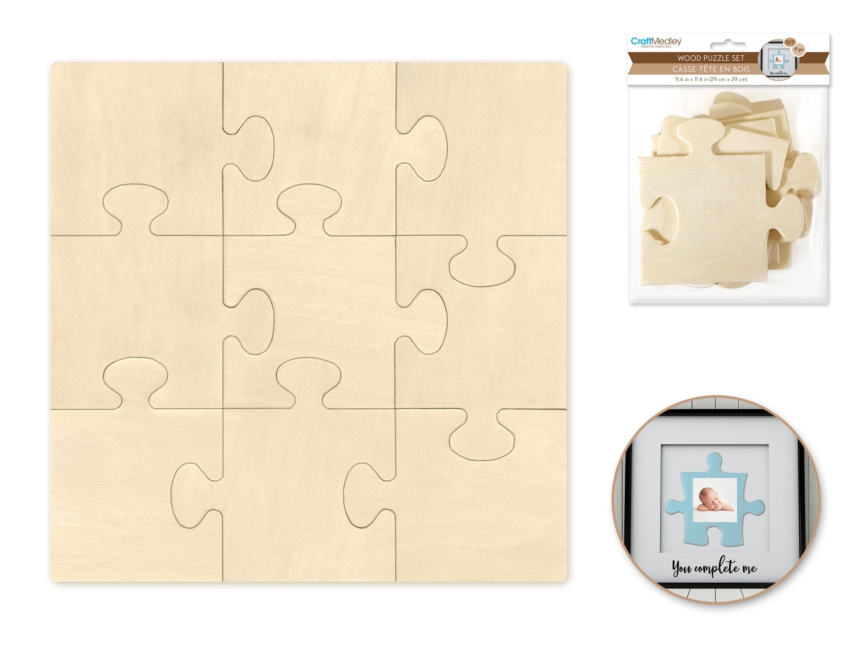 Craftwood: 11.4"x11.4" DIY Puzzle Pieces 9pc - Brantford Surplus