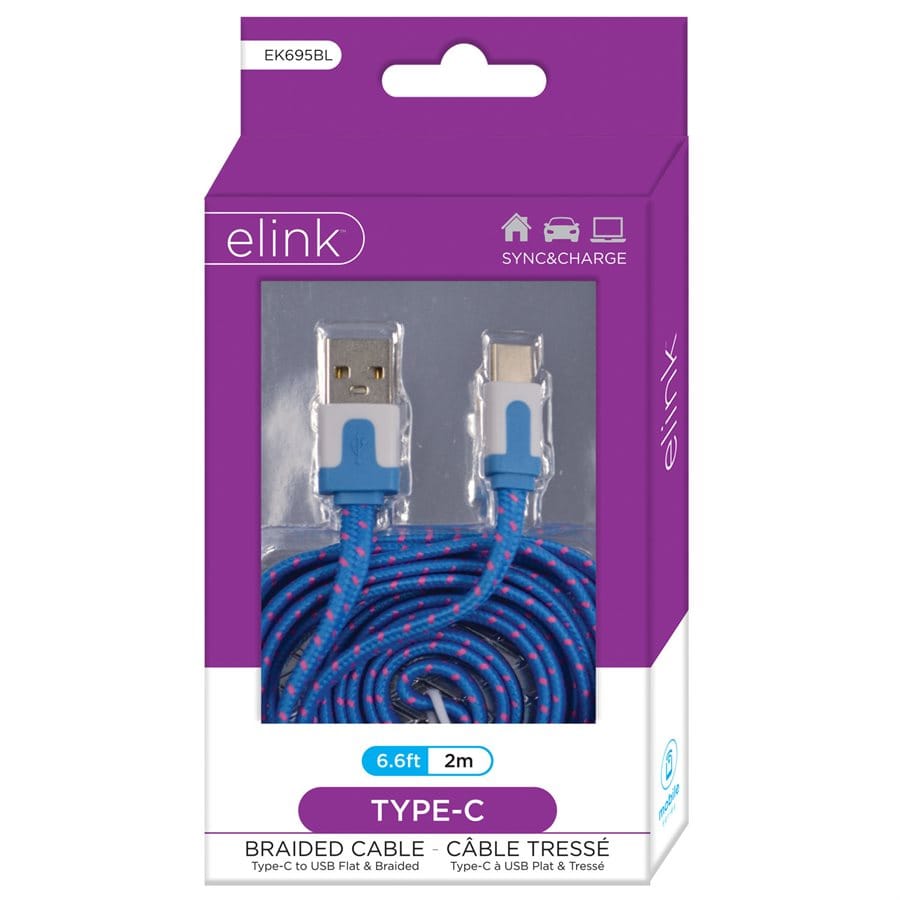 Cable - USB Type-C 6.6ft Blue Braided - Brantford Surplus