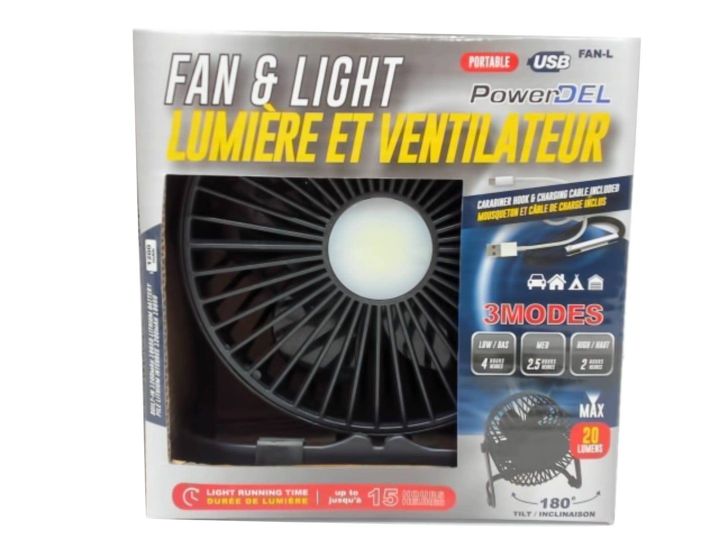 fan and light rechargable via USB 3 modes low - 4 hours med - 2.5hrs high - 2hrs 20 lumen - Brantford Surplus