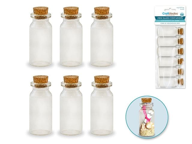 Glass Bottles: Mini Containers w/Cork Lid x6 10ml - Brantford Surplus