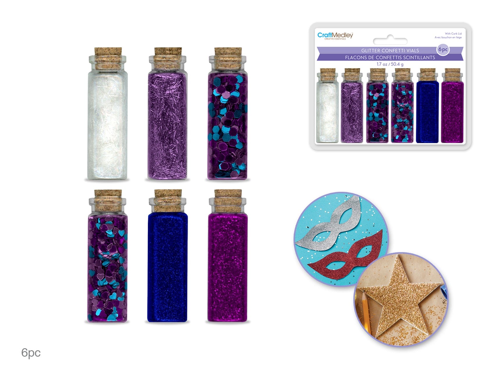 Craft Medley: 50.4g Glitter/Confetti Vials Asst w/Cork Lid (6x8.4g) A) Regal - Brantford Surplus