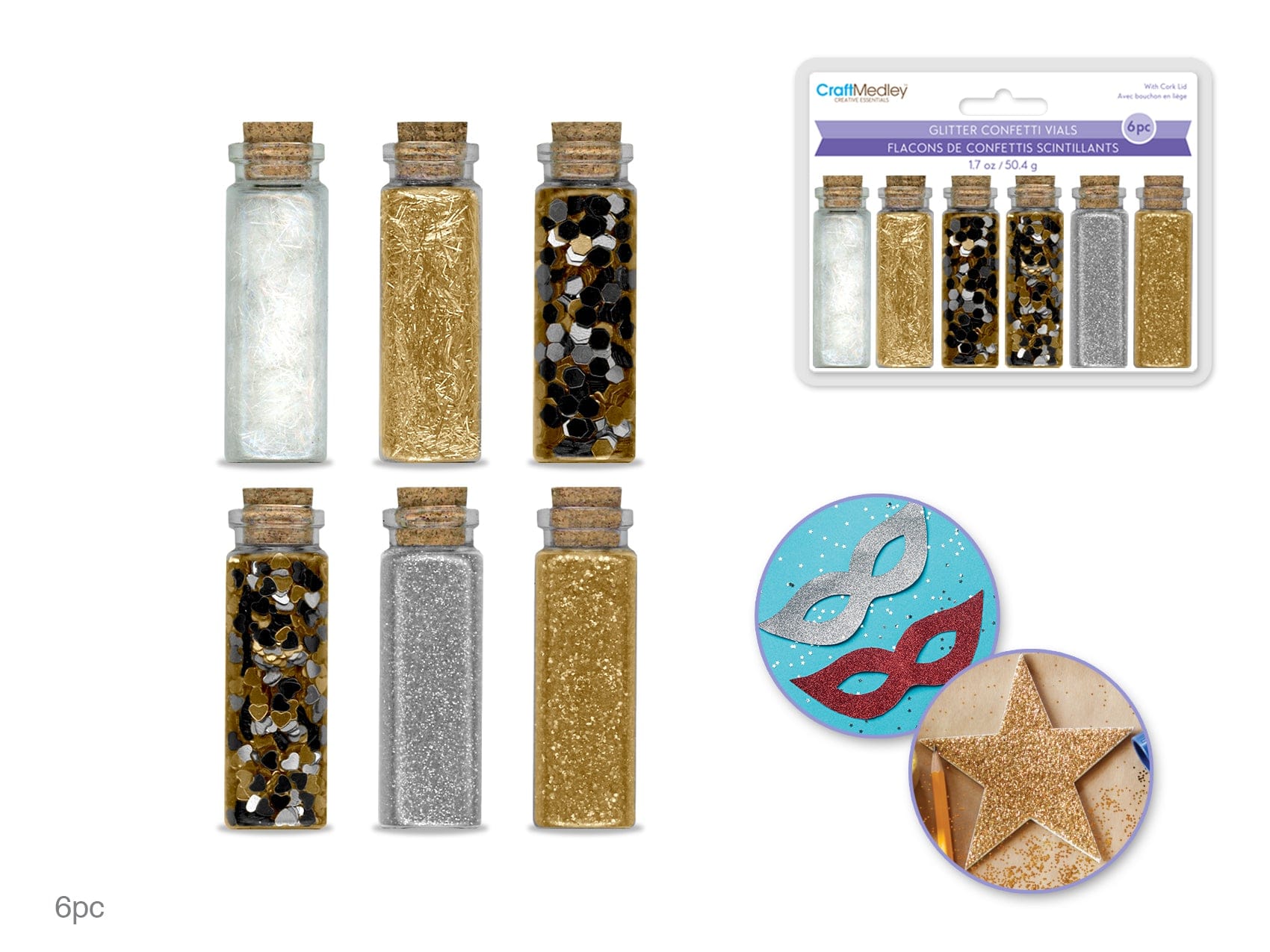 Craft Medley: 50.4g Glitter/Confetti Vials Asst w/Cork Lid (6x8.4g) B) Metallique - Brantford Surplus