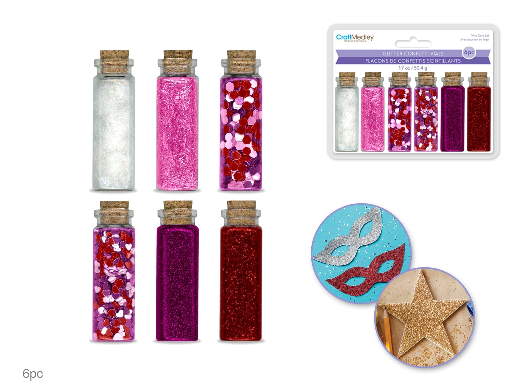 Craft Medley: 50.4g Glitter/Confetti Vials Asst w/Cork Lid (6x8.4g) C) Rouge - Brantford Surplus