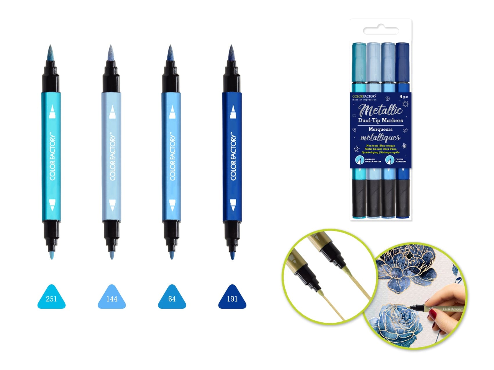 Color Factory: Metallic Dual-Tip Markers Fine+Brush 4pk Water Based A) Shades Of Blue - Brantford Surplus