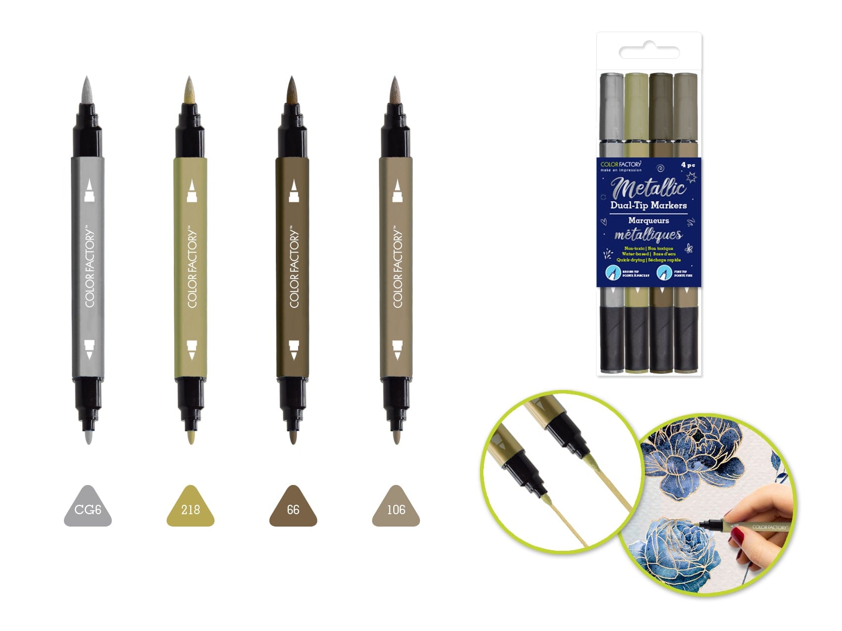 Color Factory: Metallic Dual-Tip Markers Fine+Brush 4pk Water Based B) Metallique - Brantford Surplus