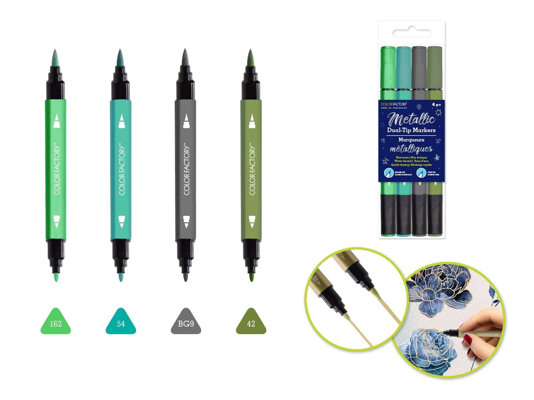 Color Factory: Metallic Dual-Tip Markers Fine+Brush 4pk Water Based C) Verde - Brantford Surplus