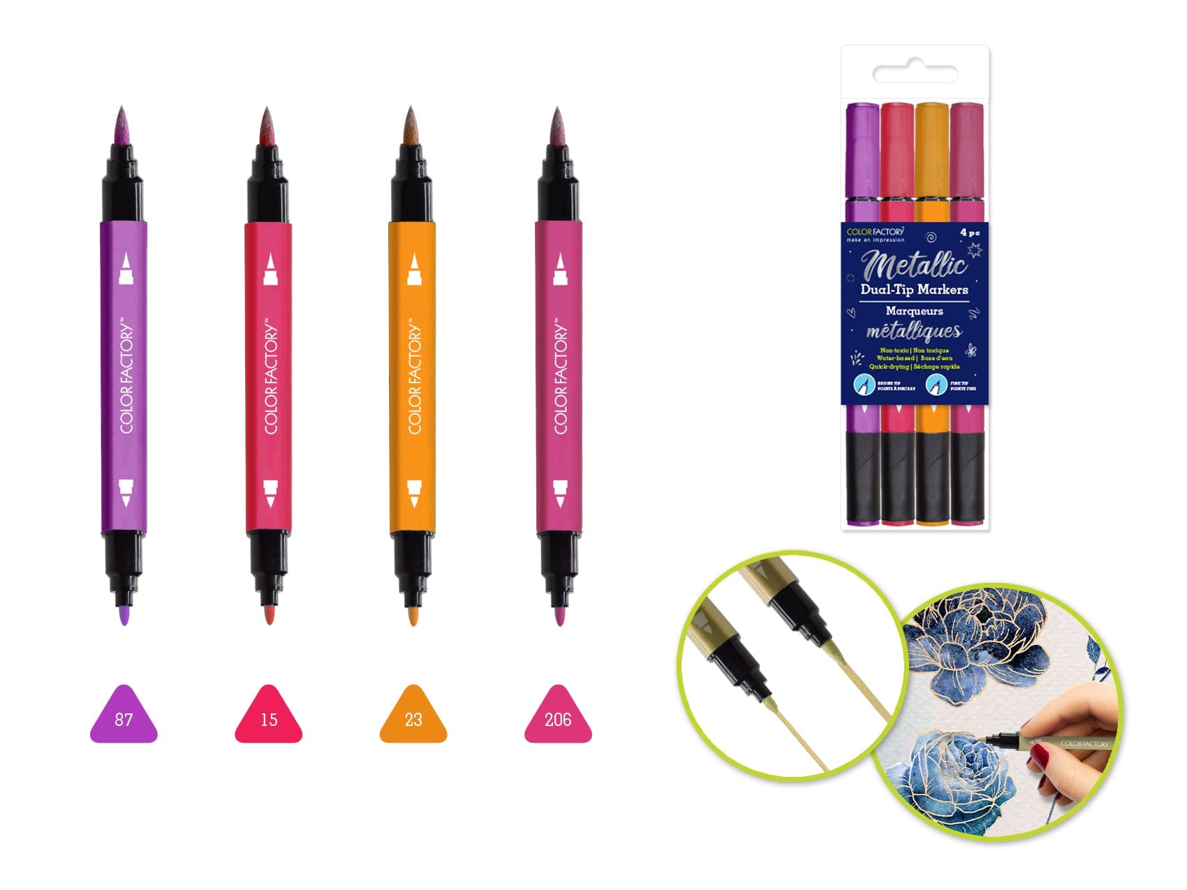 Color Factory: Metallic Dual-Tip Markers Fine+Brush 4pk Water Based D) Fresh - Brantford Surplus