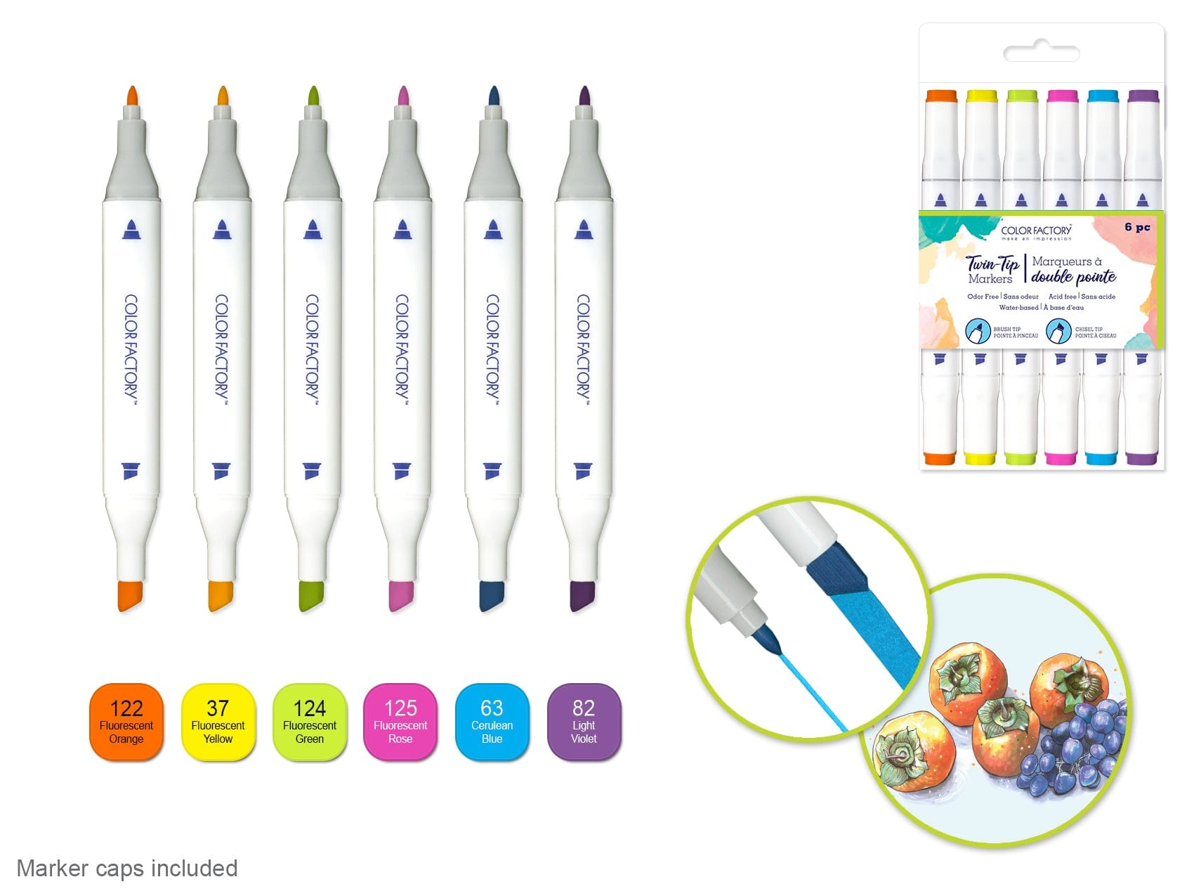 Color Factory: Water-Based Twin Markers Fine+Broad Tips 6pk A) Brights - Brantford Surplus