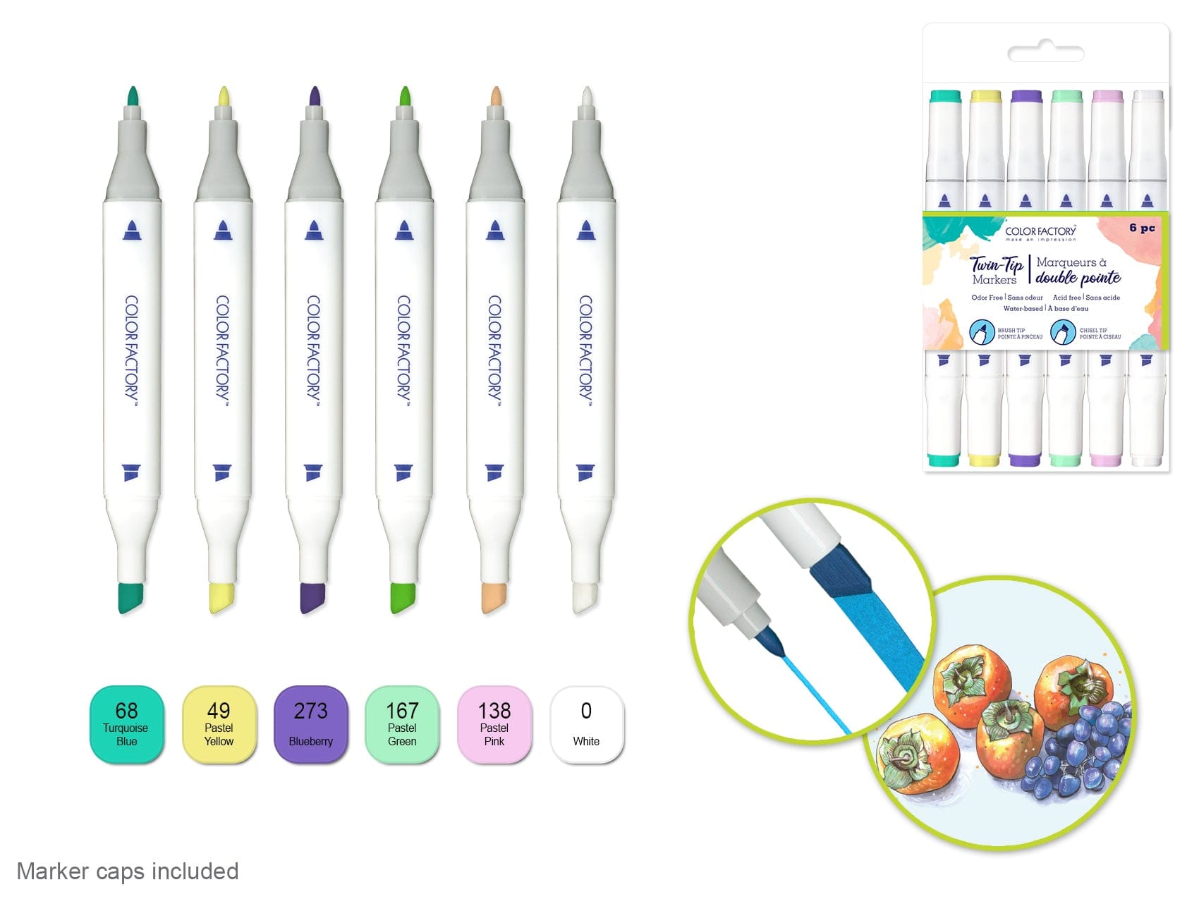 Color Factory: Water-Based Twin Markers Fine+Broad Tips 6pk B) Pastels - Brantford Surplus