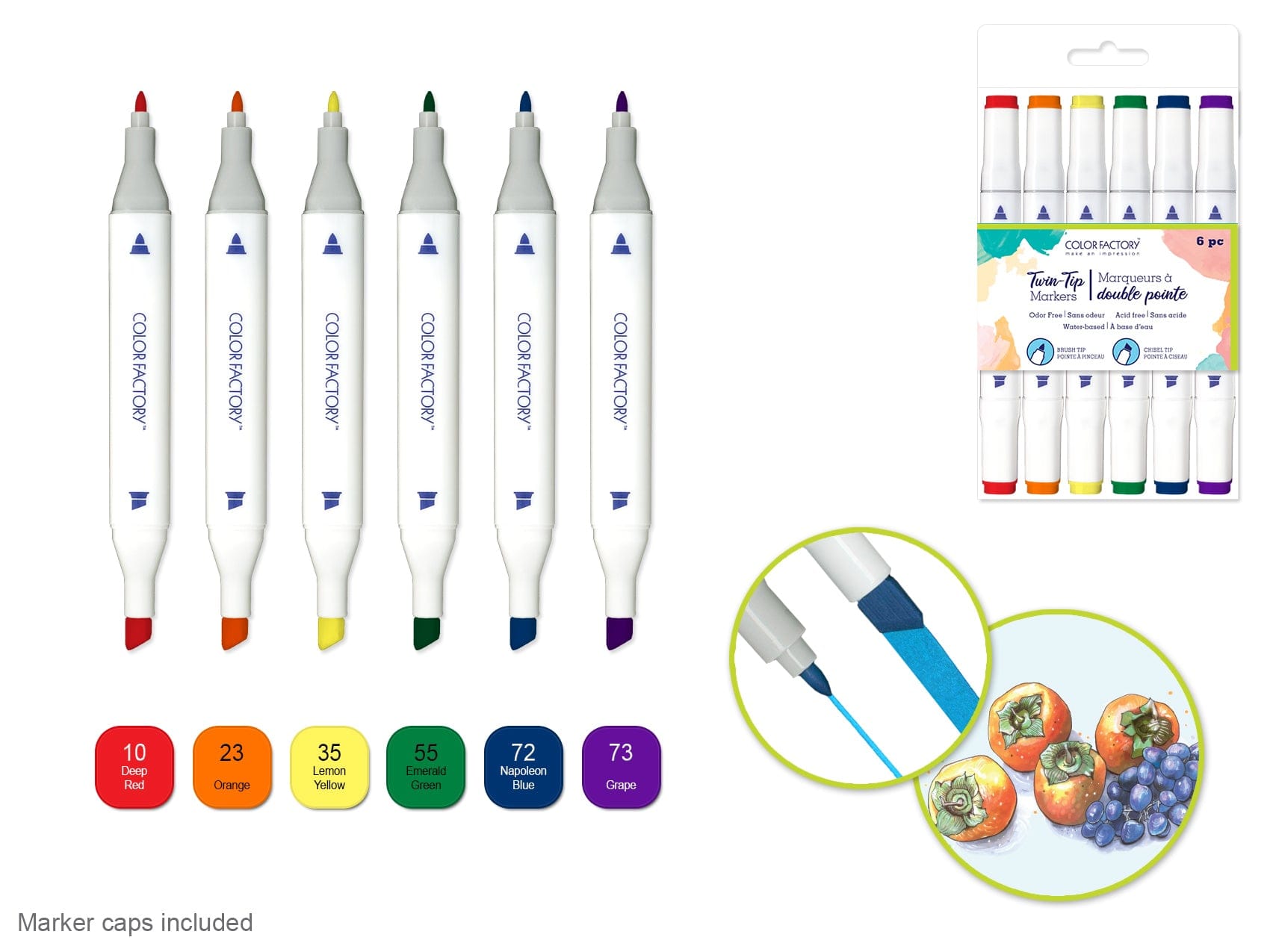 Color Factory: Water-Based Twin Markers Fine+Broad Tips 6pk C) Rainbow ROYGBV - Brantford Surplus