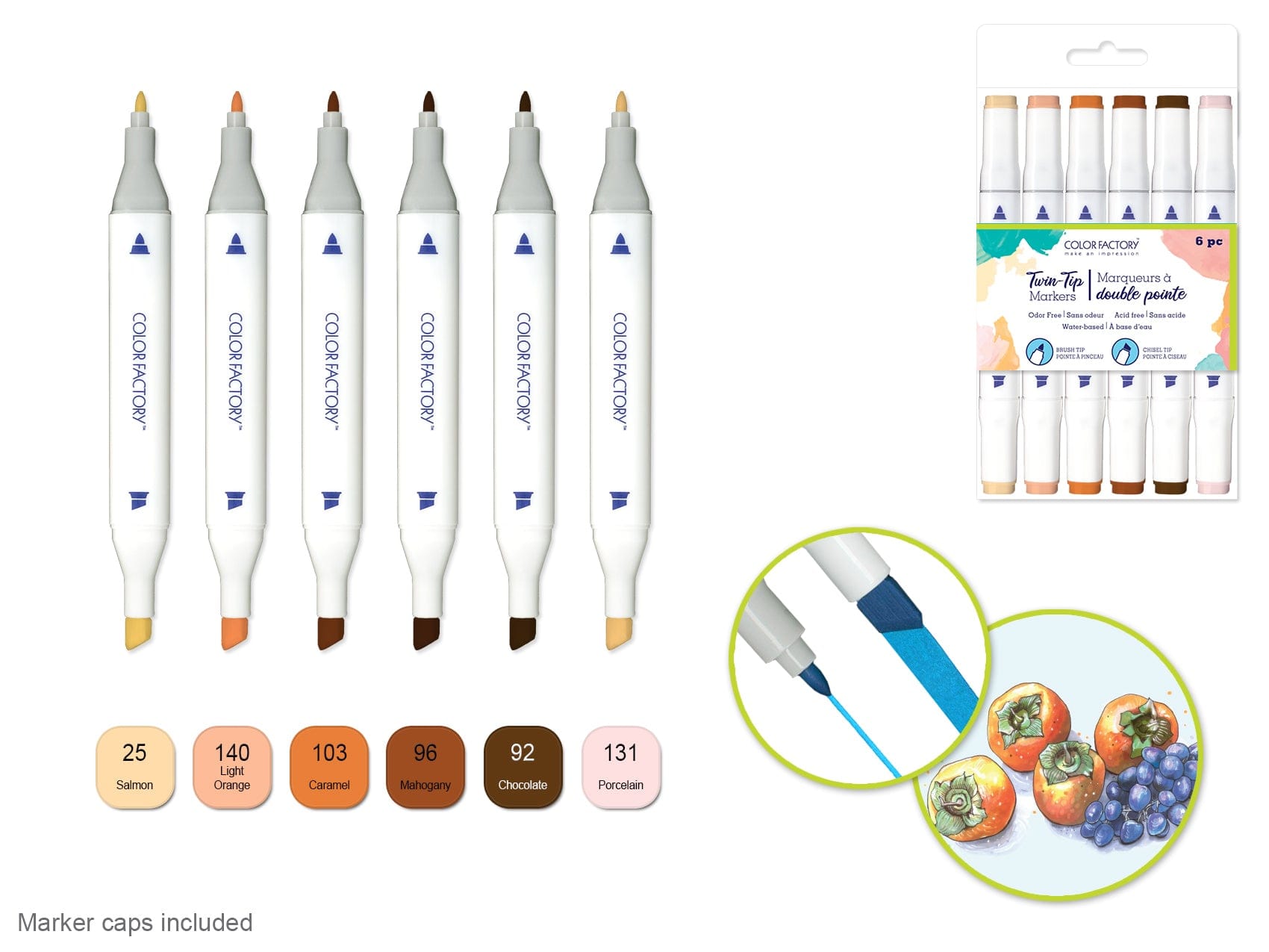 Color Factory: Water-Based Twin Markers Fine+Broad Tips 6pk E) Skin Tones - Brantford Surplus