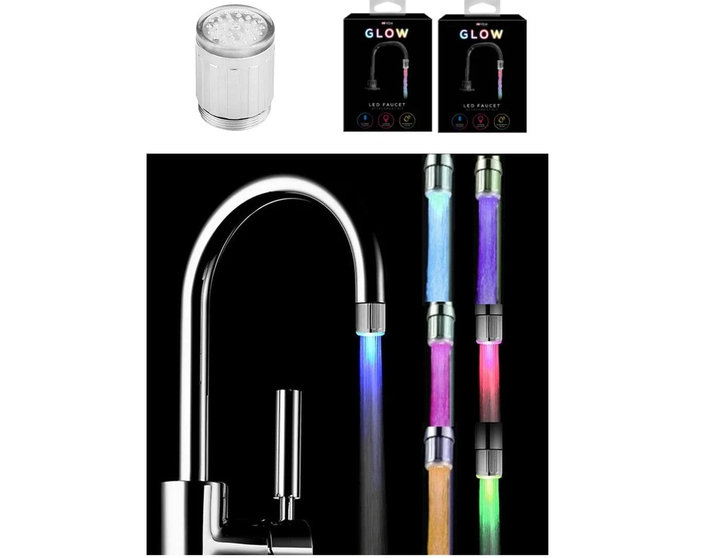 7 LED Color Changing Faucet attachment - Fits Most Taps & Lights Up on Water Pressure - Brantford Surplus