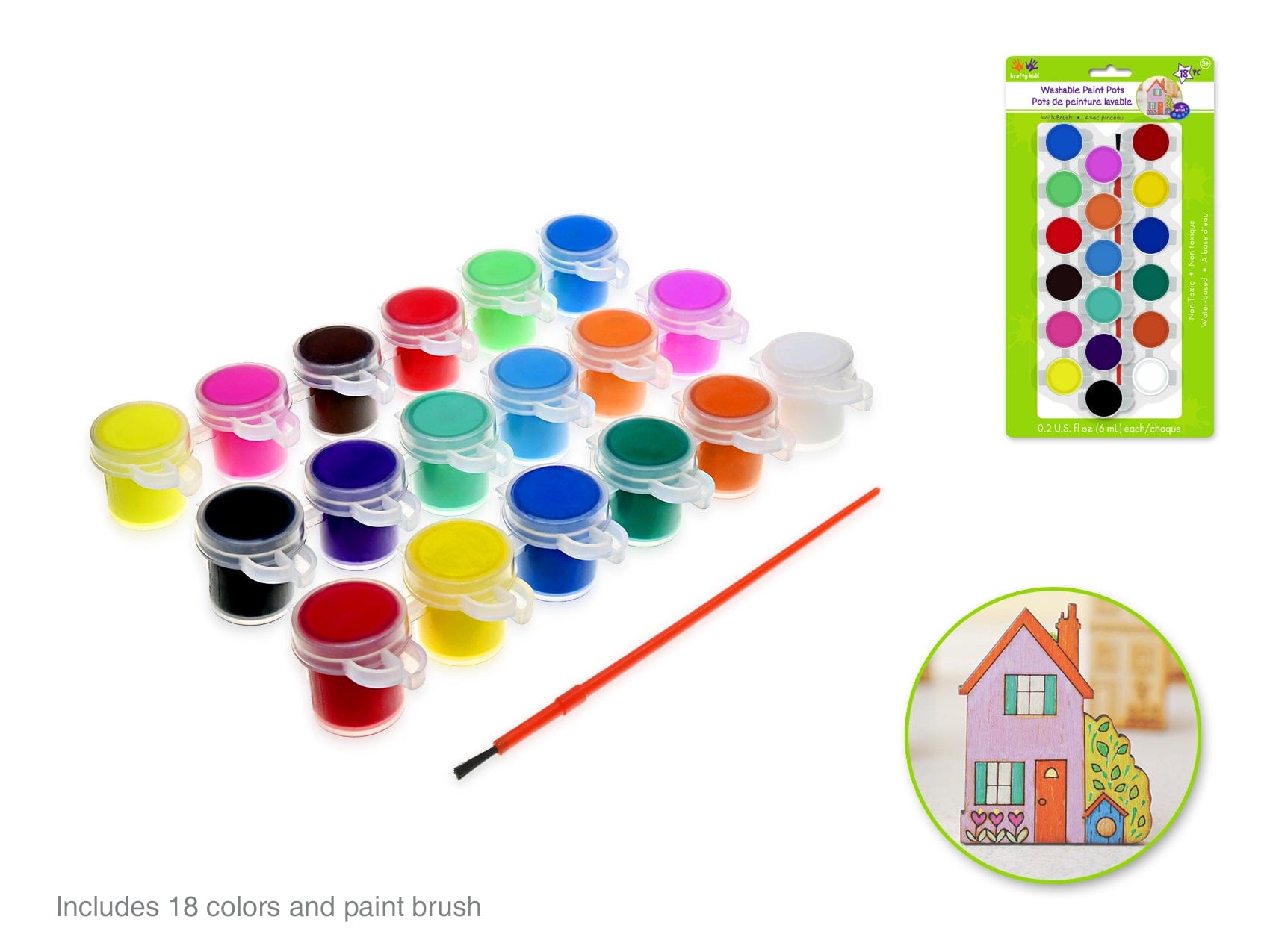 Krafty Kids: Lil' Artist Paint Pots x18 Washable Asst (18x6ml) w/Brush - Brantford Surplus