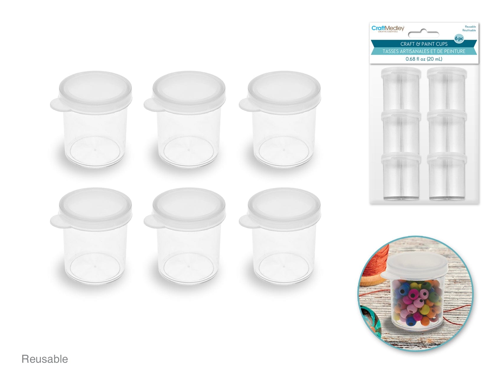 Craft/Bead Storage: 20ml (0.68 fl oz) Craft Storage Cups w/Lids x6 - Brantford Surplus