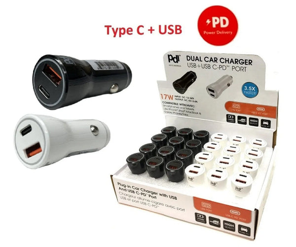 USB Car Charger Type-C & A 17w - assorted colours each sold individually