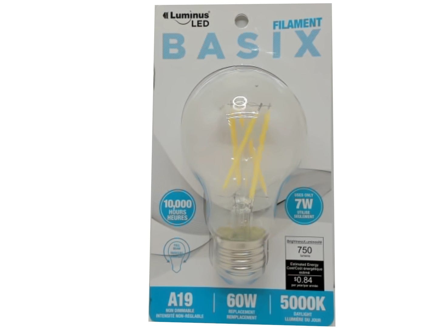 Light bulb A19 60w 5000K uses only 7w filament clear luminus led - Brantford Surplus