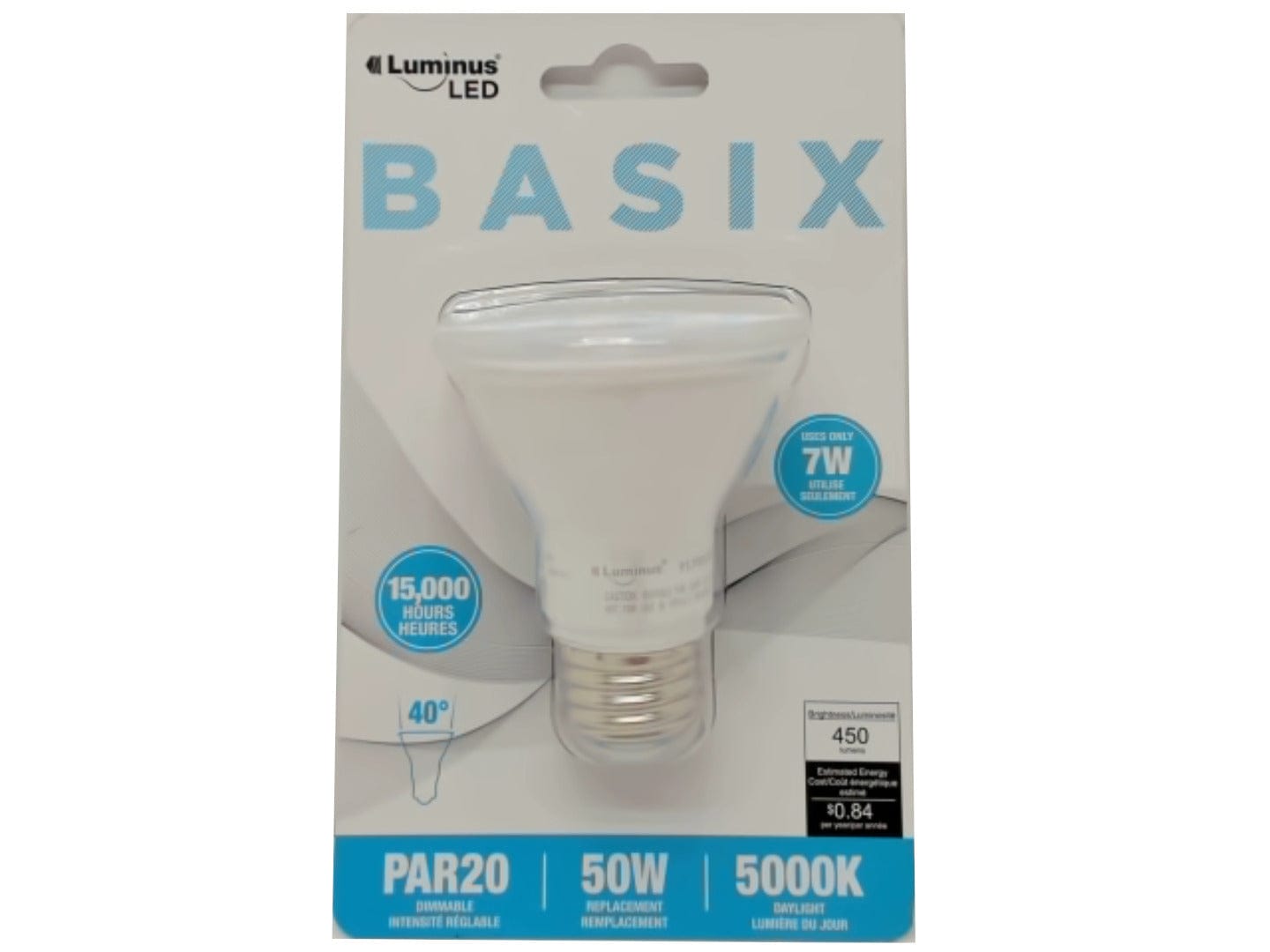 Light bulb par20 50w 5000K uses only 7w 40 degree 450 lumens luminus led - Brantford Surplus