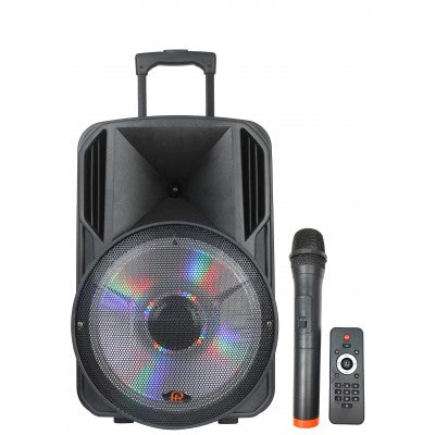 Powered Speaker 12 inch battery powered with FM bluetooth LED lights mic & remote - Brantford Surplus