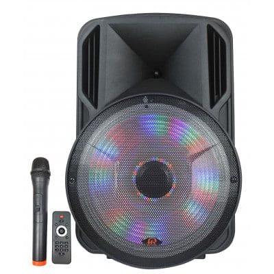 Powered Speaker 15 inch battery powered with FM bluetooth LED lights mic & remote - Brantford Surplus