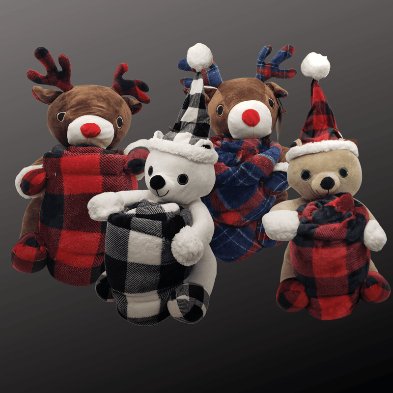 Huggable Plush & Throw Set Tan Bear w/Red Plaid Throw (ENDCAP)