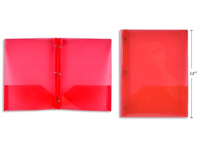 Plastic Portfolio With Prongs & 2 Pockets, Red Translucent 8.5x11.25 inch - Brantford Surplus