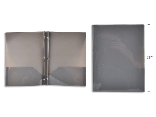 Plastic Portfolio With Prongs & 2 Pockets, Grey Translucent 8.5x11.25 inch - Brantford Surplus