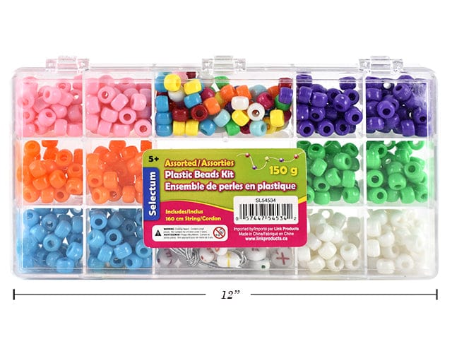 ASSORTED PLASTIC COLORED BEADS KIT 150 GSM TOTAL 160CM STRING INCL.( SIZE OF BOX: 21x11.5x2.9cm) - Brantford Surplus