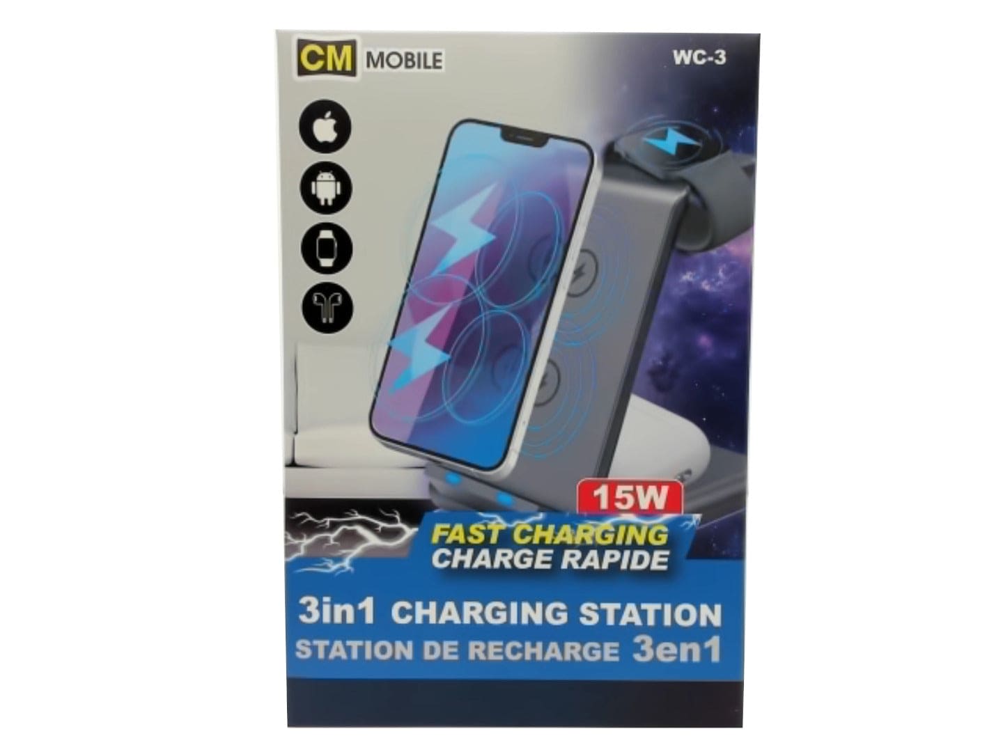 3 in 1 charging station fast charging15W 10W-android 7.5w-iPhoneâ„¢ 2.5W-watch - Brantford Surplus