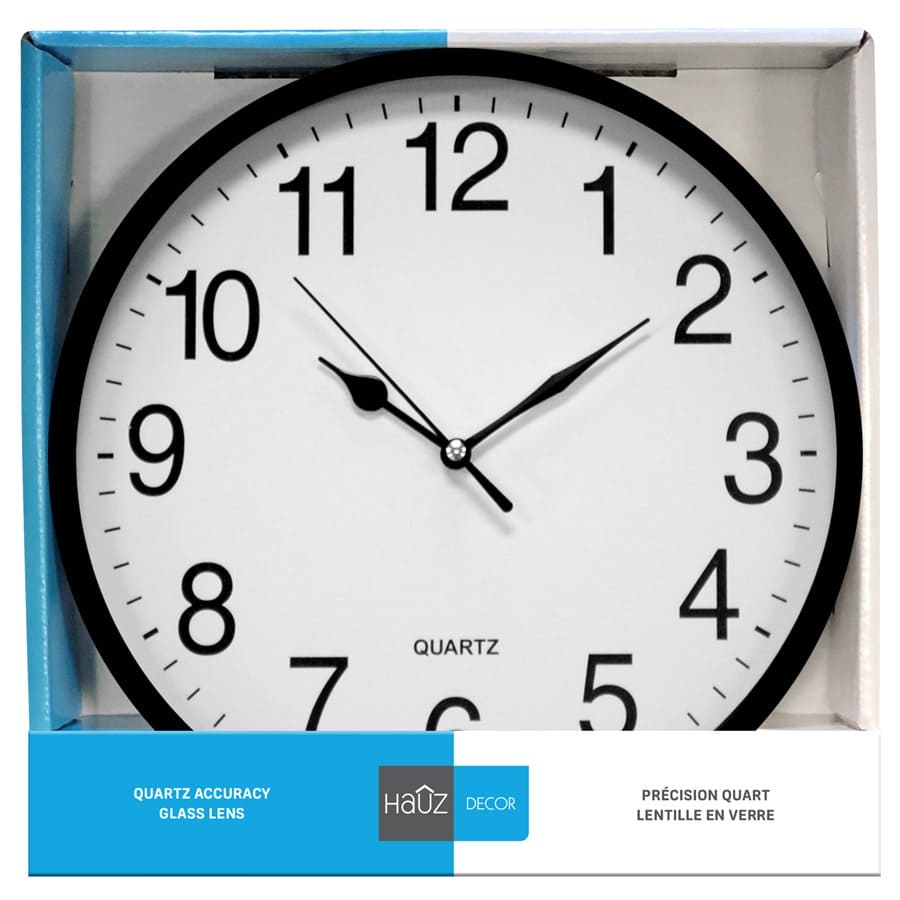 Hauz | Round 10" wall clock with white background and black borders - Brantford Surplus