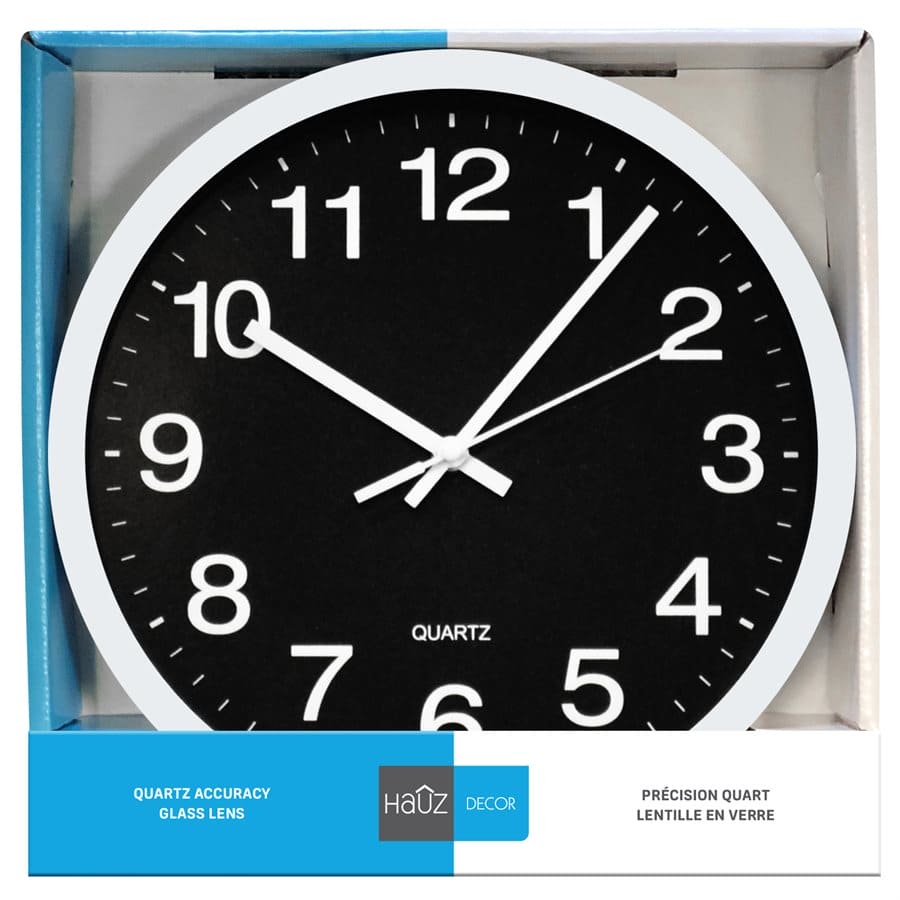 Hauz | Round 12" black wall clock whith white pointers and numbers - Brantford Surplus