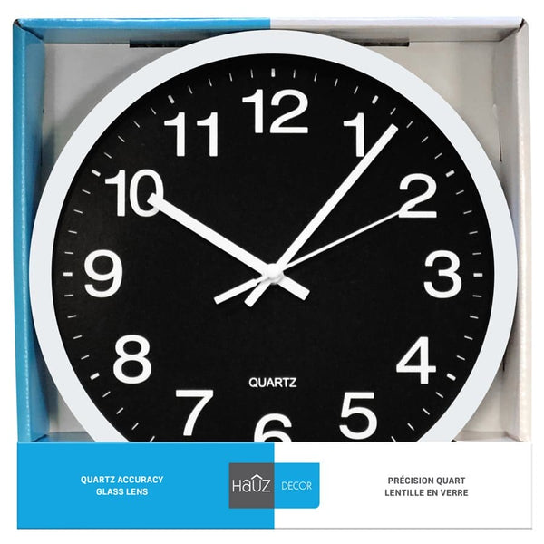 Hauz | Round 12" black wall clock whith white pointers and numbers