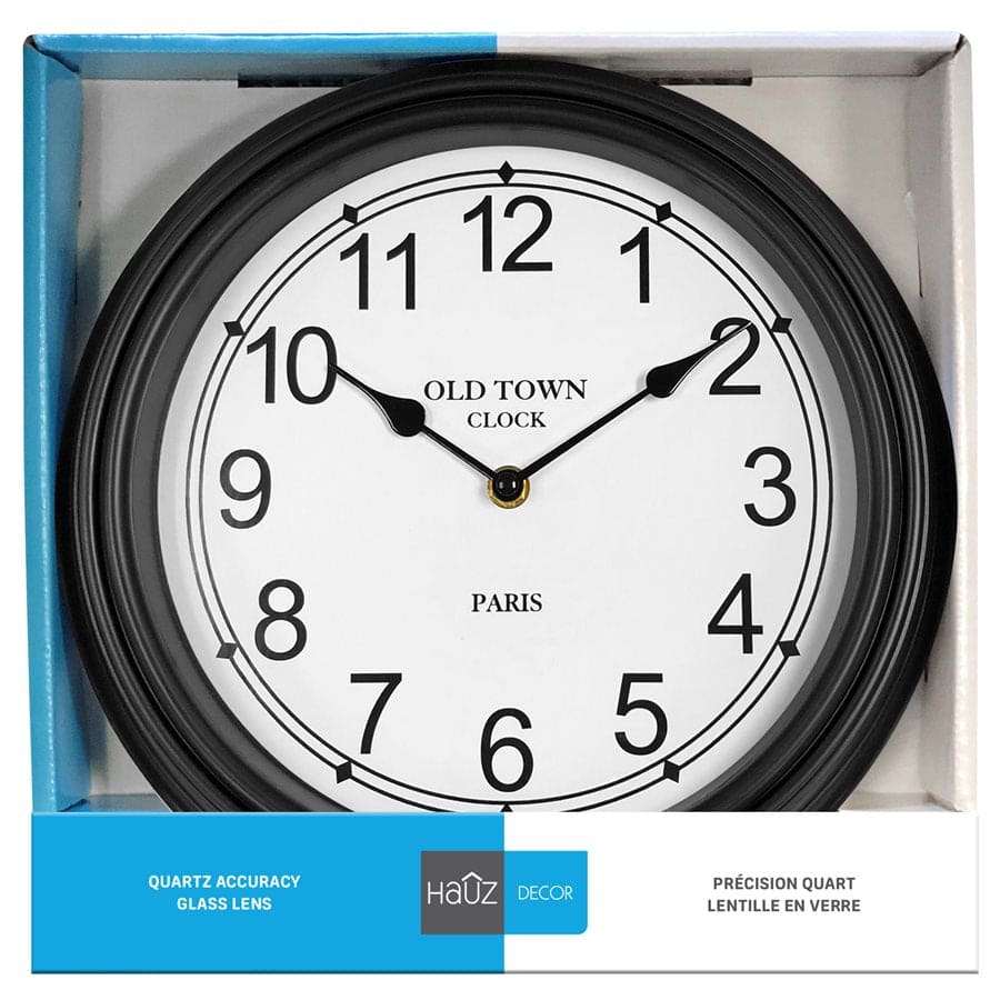 Hauz | Round 12" wall clock with large black borders and white background - Brantford Surplus