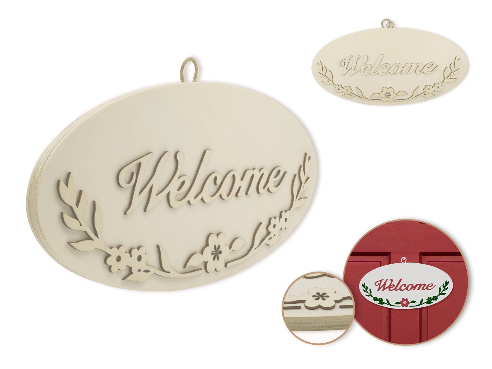 Wood Decor: 12" DIY Oval Wall Sign Plaque 3D w/Jute Hanger A) Welcome - Brantford Surplus