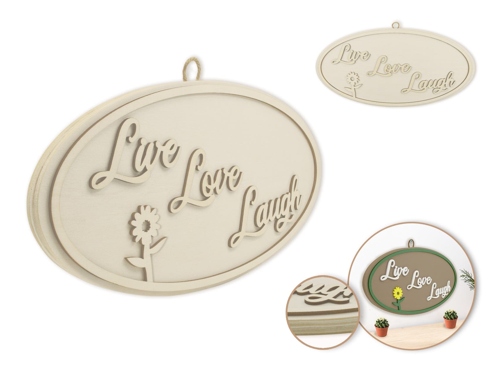 Wood Decor: 12" DIY Oval Wall Sign Plaque 3D w/Jute Hanger C) Live Love Laugh - Brantford Surplus