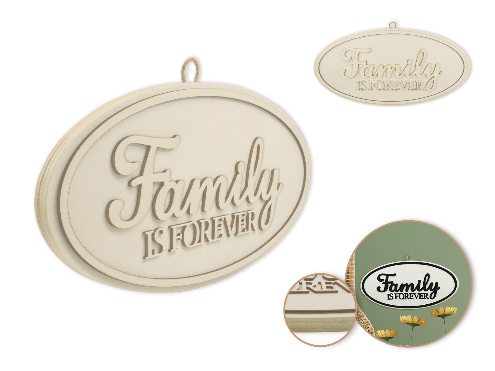 Wood Decor: 12" DIY Oval Wall Sign Plaque 3D w/Jute Hanger D) Family Forever - Brantford Surplus