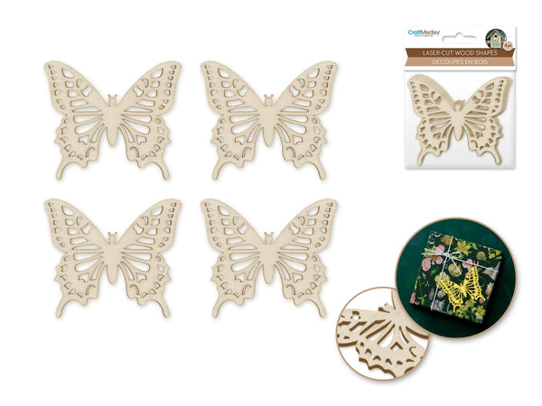 Wood Craft: 8cm Laser-Cut Ornate Wood Shapes x4 I) Butterfly 2