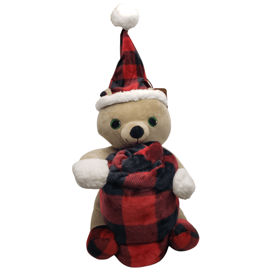 Huggable Plush & Throw Set Tan Bear w/Red Plaid Throw (ENDCAP) - Brantford Surplus