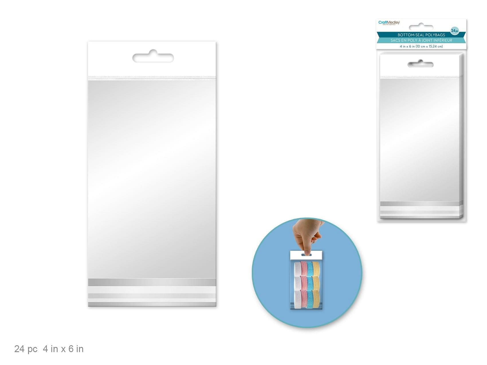 Craft Medley: Bottom - Seal OPP Polybags 4"x6" 24pc White Header - Brantford Surplus