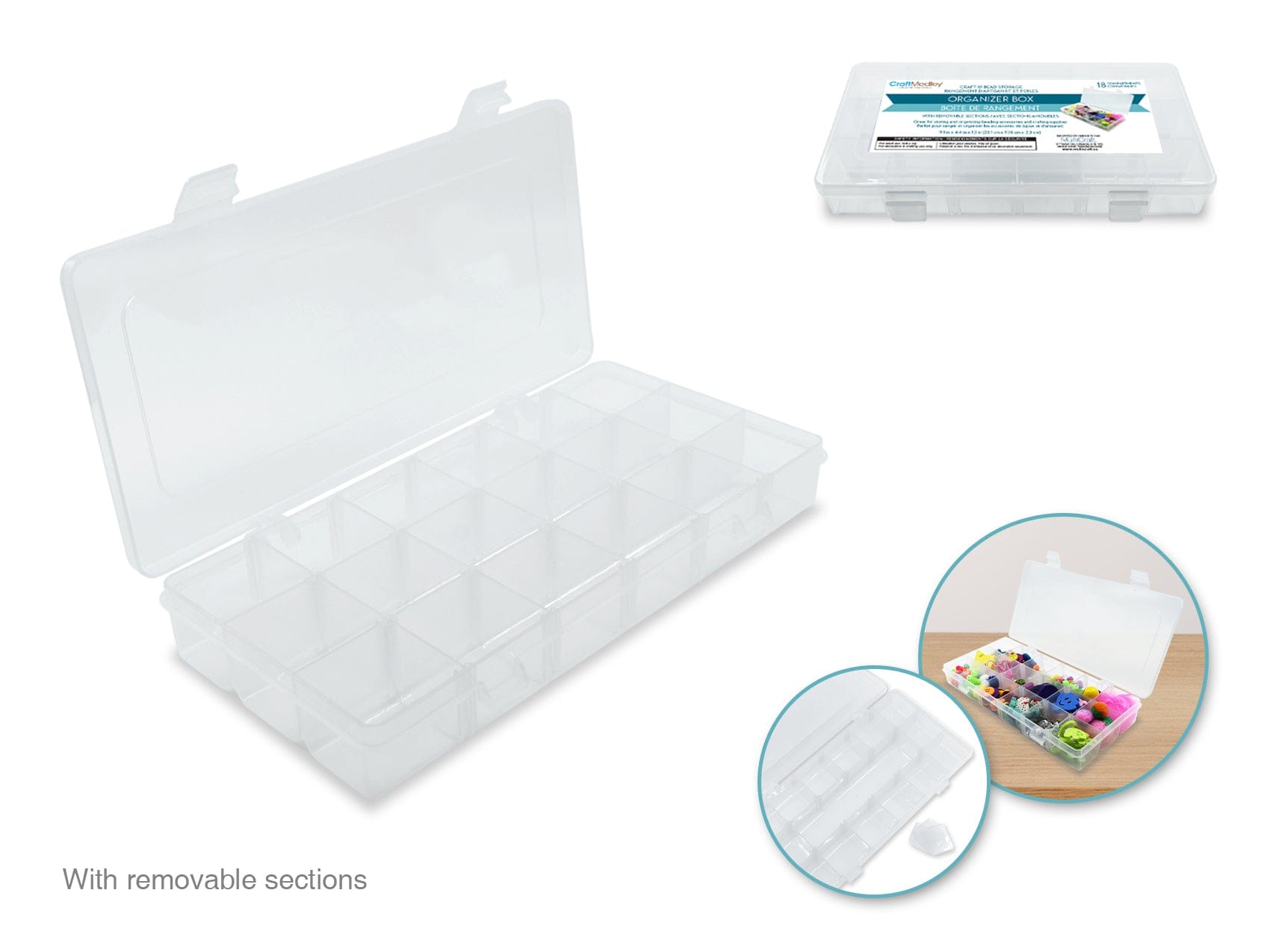 Craft Storage: 9.1"x4.4"x1.3" Organizer Box 18 - Comp w/Lid B) Clear - Brantford Surplus