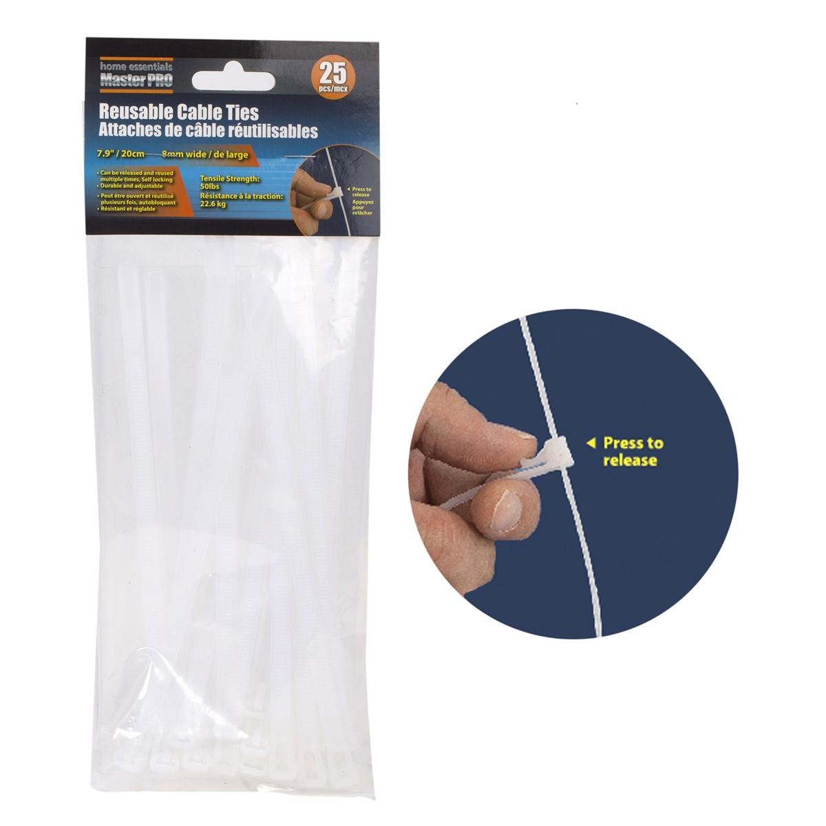 H.E. Master Pro, Reusable Cable Ties 25 - PC, 8mmx7.8", Header card - Brantford Surplus