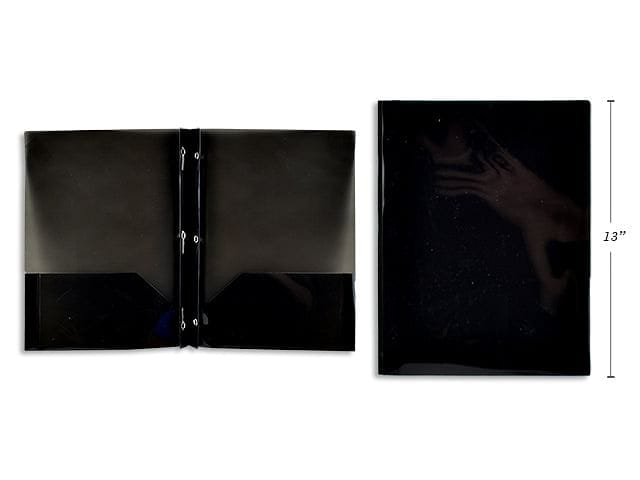 Plastic Portfolio With Prongs & 2 Pockets, Black Translucent 8.5x11.25 inch - Brantford Surplus