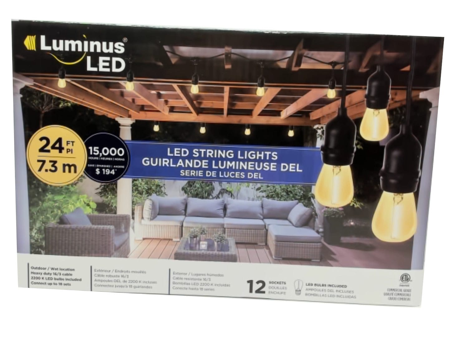 String lights 24 feet 7.3m LED 2200K 12 bulbs (endcap) Luminus - Brantford Surplus